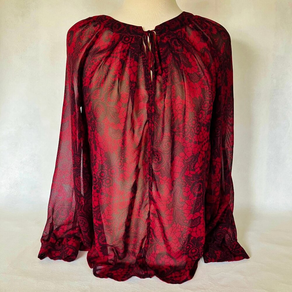 Bellatrix Shear Blouse Long Sleeve Cuff Red Black peasant Top V Neck Size M